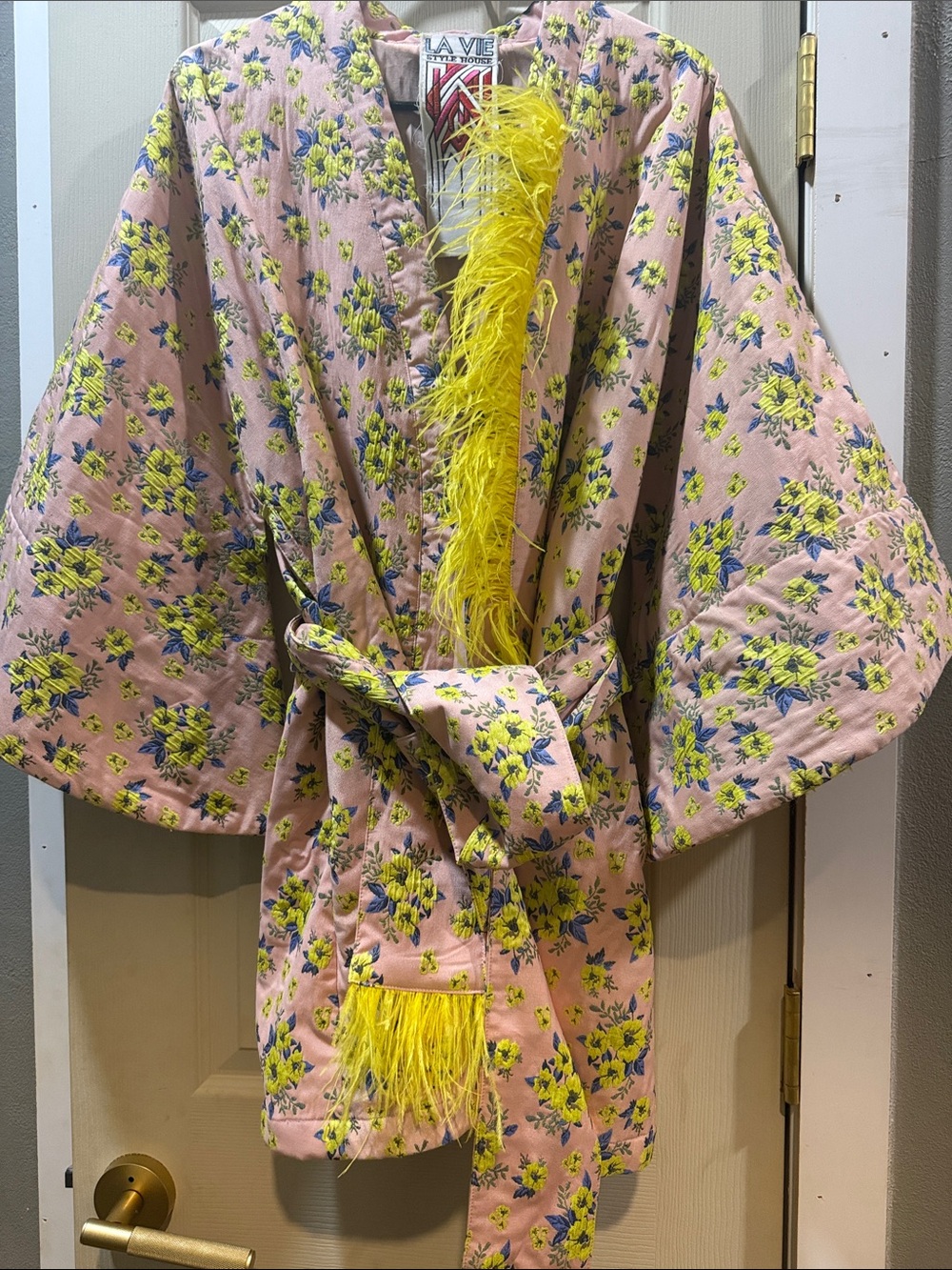 La Vie Style House Quilted Kimono with Yellow Feather Trim One size